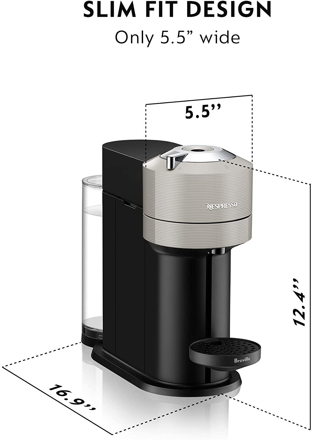 Nespresso Vertuo Next Coffee and Espresso Machine with Aeroccino NEW by Breville, Light Grey, Single Serve Coffee & Espresso Maker, One Touch to Brew